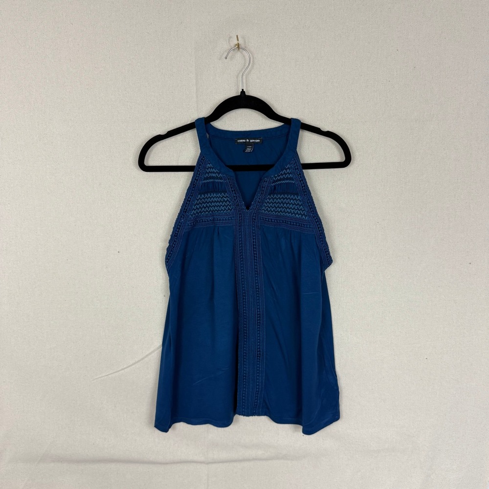 Cable & Gauge Womens Blue Crochet Lace Pintuck Halter Split Neck Tank Top Large